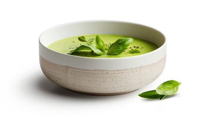 A bowl of creamy and spicy Thai green curry, garnished with fresh basil leaves, on a white background.