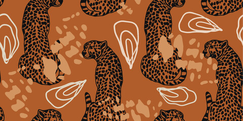 Leopard seamless pattern with tropical leaves background Vector