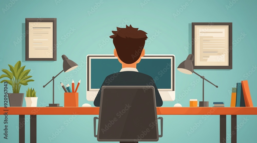 Poster person working at a computer in an office.