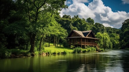 Fototapeta premium Wooden cabin on stilts nestled in a lush forest overlooking a tranquil river.