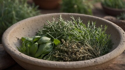 A bowl filled with a variety of wild herbs as well as vegetables ready to be incorporated into a batch of savory bread dough before being baked in an outdoor clay oven.