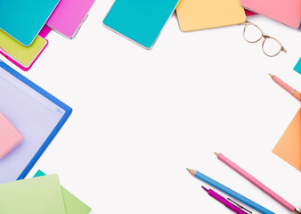 Stationery composition on white background. Back to school office work college educational institution concept.