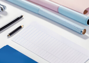 Stationery composition on white background. Back to school office work college educational institution concept.