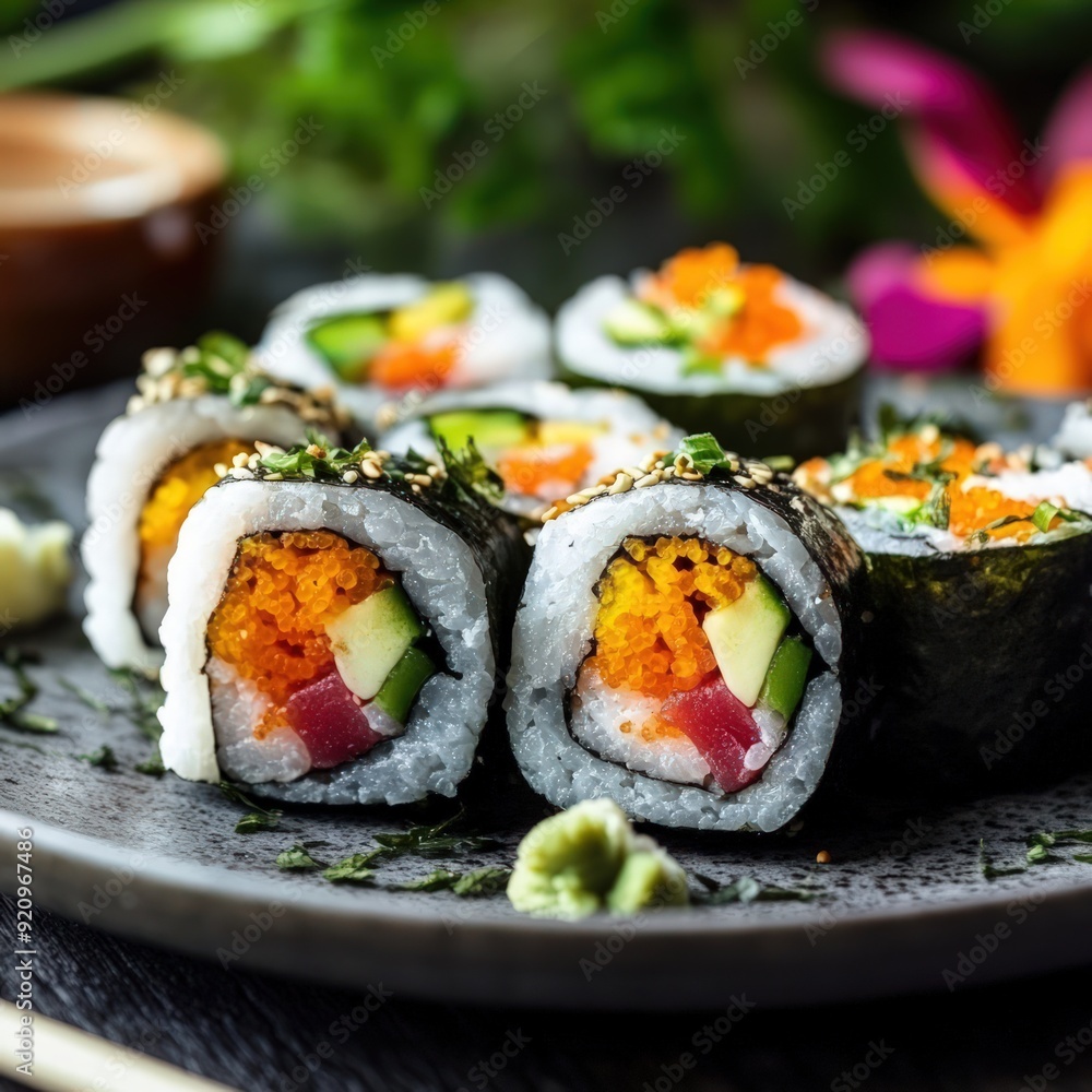 Sticker Delicious Sushi Rolls on a Plate