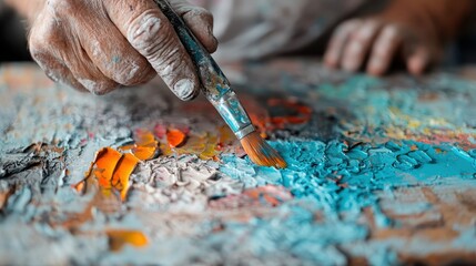 A detailed close-up of a paintbrush being used to create an abstract painting, with vibrant colors of blue, orange and red showcasing the artistic process and creativity.