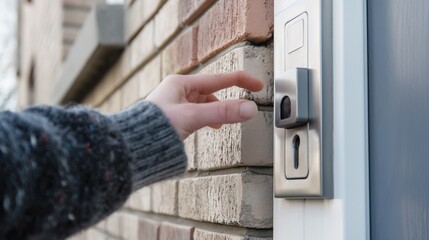 Close-up of a person using a modern biometric door access control system to enter the building, enhancing security and workplace access control