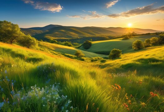 vibrant landscape displaying untouched natural splendor lush rolling clear blue skies, nature, beauty, greenery, hills, sky, trees, flowers, sunlight