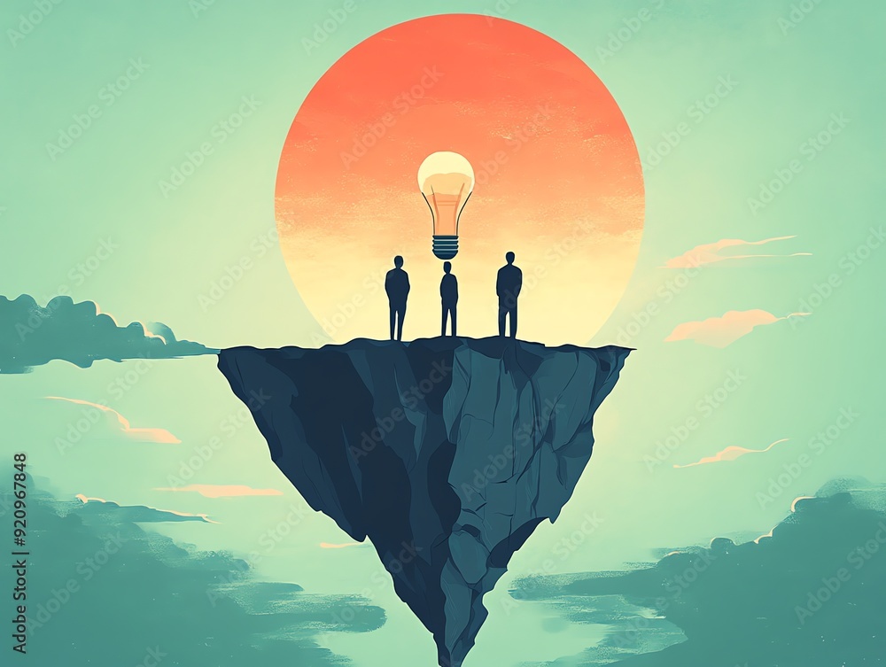 Poster three silhouettes on a cliff with a lightbulb above them.