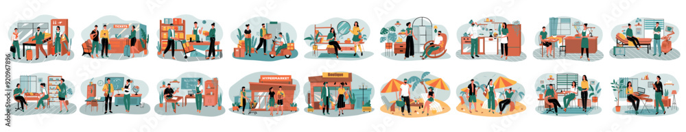 Poster mega set of different interior concepts with people scene in flat cartoon design. each scene in this