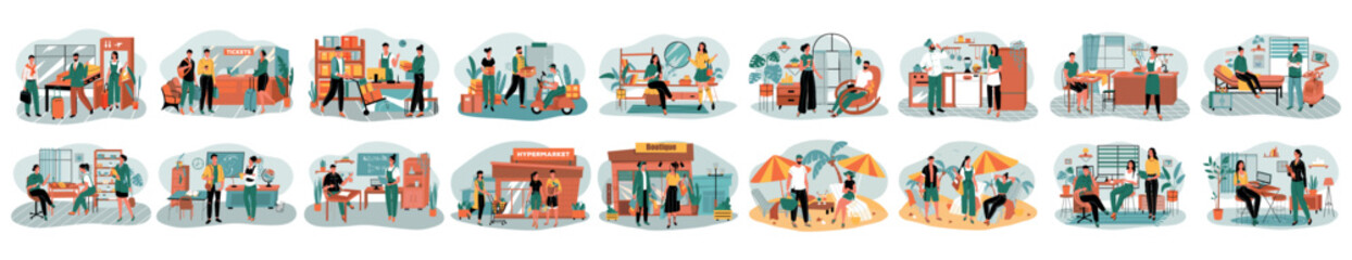 Mega set of different interior concepts with people scene in flat cartoon design. Each scene in this collection is filled with details and the atmosphere. Vector illustration.