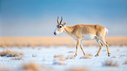 Fototapeta premium A Saiga Antelope Strolls Through a Winter Wonderland generative AI