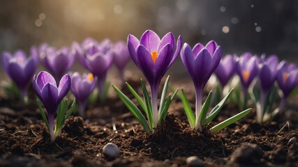 A whimsical watercolor clipart of a purple crocus emerging from the ground.