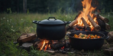 A pot simmering over a campfire filled with a hearty stew featuring foraged wild herbs.