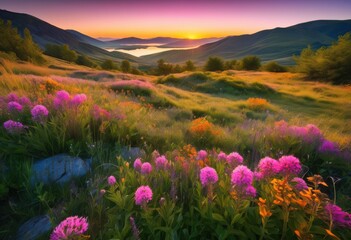 Obraz premium breathtaking landscapes untouched nature showcasing vibrant colors serenity during tranquil sunrise, scenery, view, sky, clouds, mountains, forest, valley