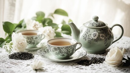Elegant Afternoon Tea with Fine China, Delicate Porcelain Cups, and Beautiful Blooms on a Lace Doily for a Charming and Sophisticated Experience
