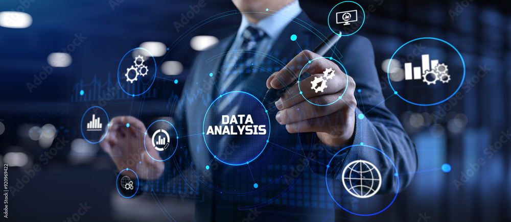 Poster businessman pressing virtual button data analysis text on screen.