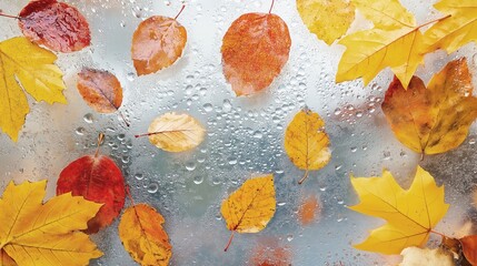 Fototapeta premium Autumn leaves on a rainy window. Yellow, red, and orange foliage. Drops of water on the glass. Seasonal background. High quality photo