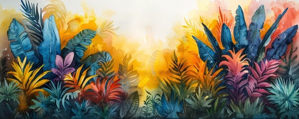 Abstract lush jungle with rich greens in watercolor.