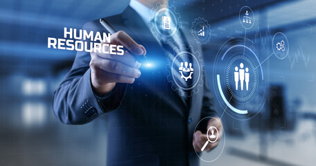 HR Human resources management Recruitment Headhunting. Businessman pressing button on screen.