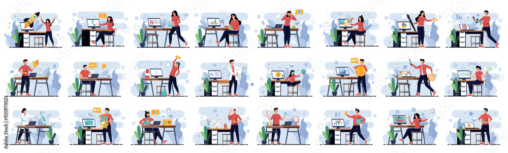 Poster mega set of different simple concepts with people scene in flat cartoon design. every scene in this 