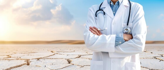 Doctor in white coat standing in dry, cracked desert landscape, highlighting climate change and health care challenges.