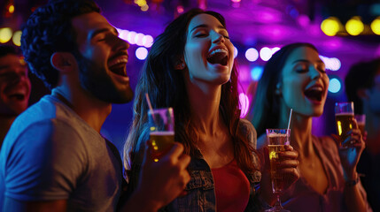 Friends enjoying karaoke night at lively bar with drinks in their hands. Night club music