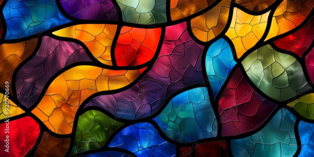 Poster a beautifully vibrant stained glass design featuring an array of abstract colors and intricate shape