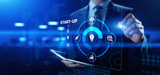 Startup new business idea. Businessman pressing button on screen.