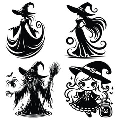 Stylish witches illustration, black and white, perfect for Halloween designs and decorations