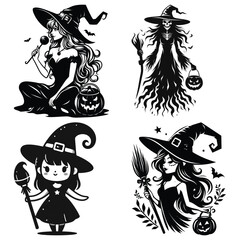 Fototapeta premium Four witches in black and white vector style with Halloween elements perfect for spooky designs