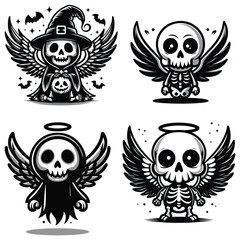 Cute skull angels in Halloween costumes black and white cartoon style graphic, perfect for cards