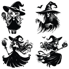 Black and white witch illustrations with various poses and moods, Halloween design elements