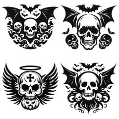 Gothic skull and bat illustrations, black and white, perfect for tattoos or Halloween designs