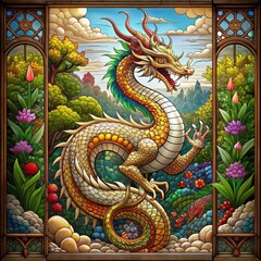 Fototapeta premium Chinese dragon statue on the wall and roof stain glass