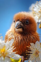 Fototapeta premium Close Up of a Bird in a Tree with White Flowers. generative ai illustration.