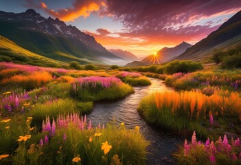 Naklejka premium stunning sunrise over breathtaking natural landscapes featuring lush greenery vibrant colors, adventure, ambiance, backdrop, biodiversity, bright, charm