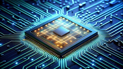 Microchip Symphony: A Close-Up Visualization of Glowing Circuits and Binary Code  Generative AI