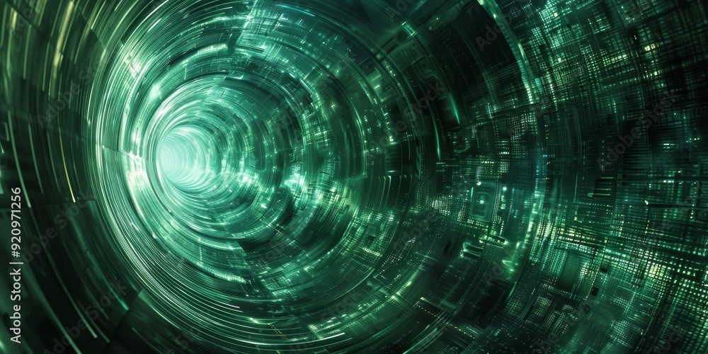 Poster a mesmerizing green abstract swirl with intricate digital textures and futuristic elements, creating
