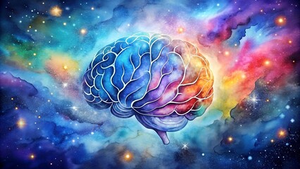 Fototapeta premium Cosmic Watercolor Brain: A celestial journey through the depths of thought. AI Generated