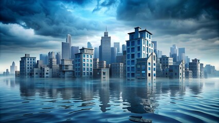 Obraz premium A hauntingly beautiful depiction of a flooded city, where buildings rise like ghostly islands from the swirling waters. AI generated