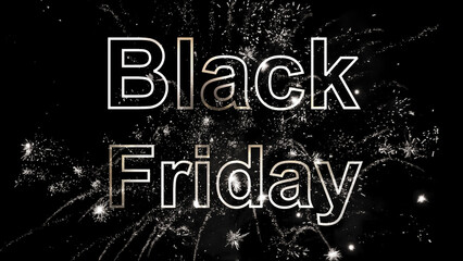 black friday sign for sale event, silver sign with color gradient and firework explosion isolated on black background, sparkling lights over big outline type for advertising