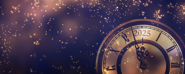 happy new year 2025 countdown clock on abstract glittering midnight sky with copy space, festive...