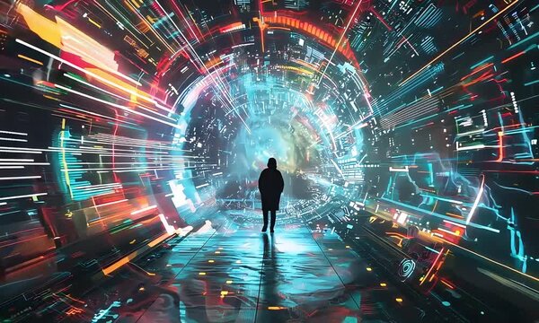 Digital Odyssey: A lone figure stands at the precipice of a vibrant, data-drenched portal, venturing into the unknown depths of the digital realm. 
