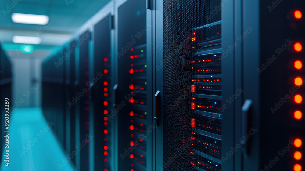 Poster modern data center with rows of server racks and bright indicator lights, showcasing advanced techno