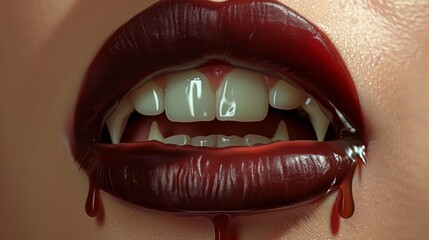 Intense Close Up of Vampire Fangs Dripping with Crimson Blood