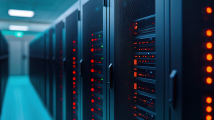 Modern data center with rows of server racks and bright indicator lights, showcasing advanced technology and network infrastructure.