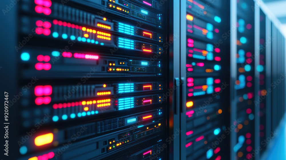 Poster a modern data center with rows of servers, illuminated by vibrant led lights, showcasing a high-tech