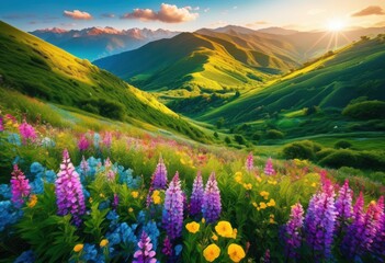 Obraz premium stunning landscapes featuring lush colorful majestic mountains under clear skies, nature, scenery, greenery, flora, sky, cloud, sunlight, horizon