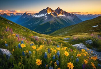 breathtaking landscape featuring majestic mountain summits under clear blue sky lush green valleys vibrant wildflowers, adventure, backdrop, beautiful