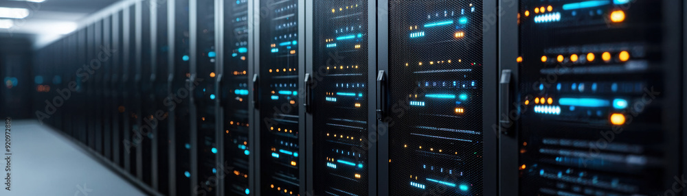 Poster modern data center with rows of servers illuminated by colorful lights, showcasing advanced technolo